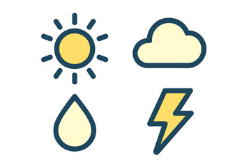 Weather symbols depicting sun, cloud, rain droplet, and lightning in a bright and simple design for educational purposes