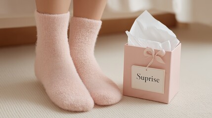 Soft fuzzy pink socks are shown beside a pastel pink gift box with a delicate bow and tag. The image conveys coziness, warmth, and seasonal gifting charm