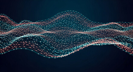 Abstract image of flowing teal and coral network, creating a dynamic, interconnected wave-like pattern. Represents digital connectivity, data flow, or technological advancement