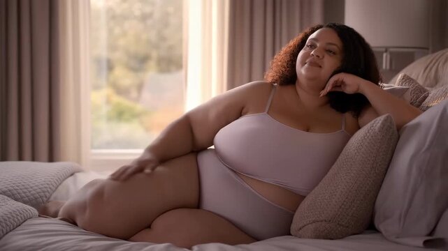 Plus size woman in lingerie relaxing on bed