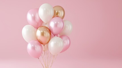 A bunch of glossy balloons in pink, gold, and white colors floats against a soft pink background. The minimal and cheerful scene conveys festivity, celebration, and party decoration