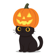 Black Cat with Jack-o'-Lantern Pumpkin Hat Vector Illustration