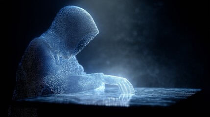 A glowing digital figure in a hooded silhouette is formed from countless small particles, creating a futuristic concept of hacking and cybersecurity. The abstract composition emphasizes technology