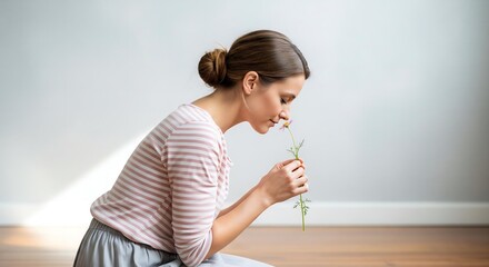 Graceful Motion: Walking Woman with Bouquet on Minimalist Floor