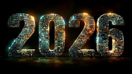 futuristic glowing neon numbers 2026 made of circuits and microchips, high-tech startup style, holographic sci-fi background - Powered by Adobe