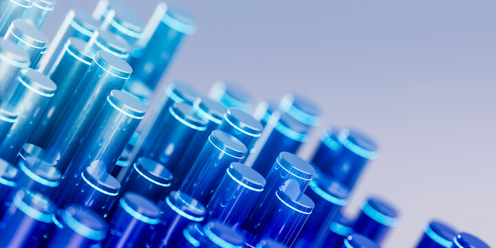 Reflective 3d glass test tubes with neon pattern in laboratory background