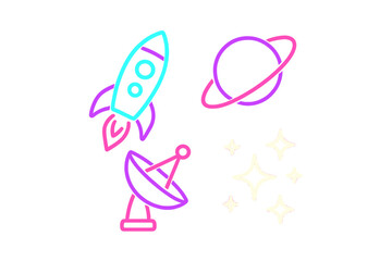 Fototapeta premium Colorful space-themed icons featuring a rocket, satellite dish, and planet in bright neon styles