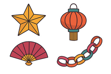 Colorful decorations representing a cultural festival with lanterns, fans, stars, and paper chains