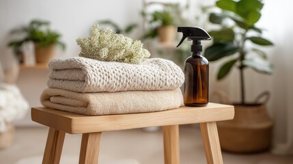Freshly folded towels and a spray bottle sit neatly on a wooden stool in a bright minimal interior. The clean arrangement suggests home care, spa, or eco-friendly lifestyle