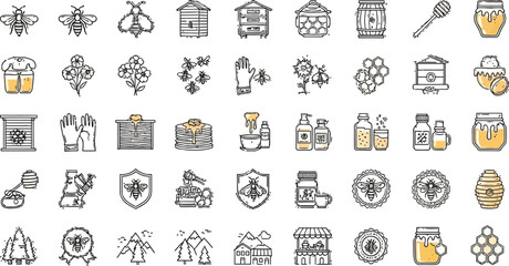 Honey bee products vector icons set beekeeping and apiculture outline design