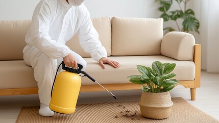 A pest control professional in protective white clothing sprays insecticide in a bright living room. The concept reflects hygiene, sanitation, home safety, and modern pest removal services