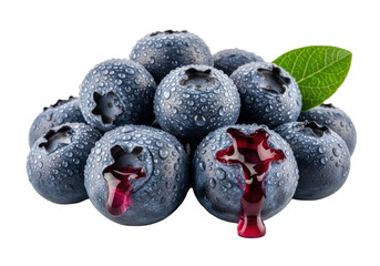 Plump, fresh blueberries with dew drops, powdery bloom, and ruptured fruit revealing glistening purple juice, emerald leaf, macro close-up, transparent background natural perfection concept