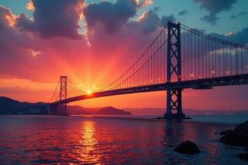 Obraz premium Orange sunset illuminates bridge's towers and cables , panorama, travel