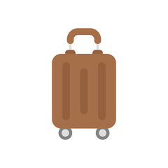 A brown suitcase stands upright featuring a retractable handle three vertical bars and two small wheels