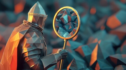 Low-poly knight examines fragmented crystals with magnifying glass.