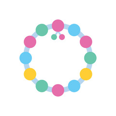 A colorful beaded bracelet featuring pink green blue  yellow spherical beads connected by a light blue ring