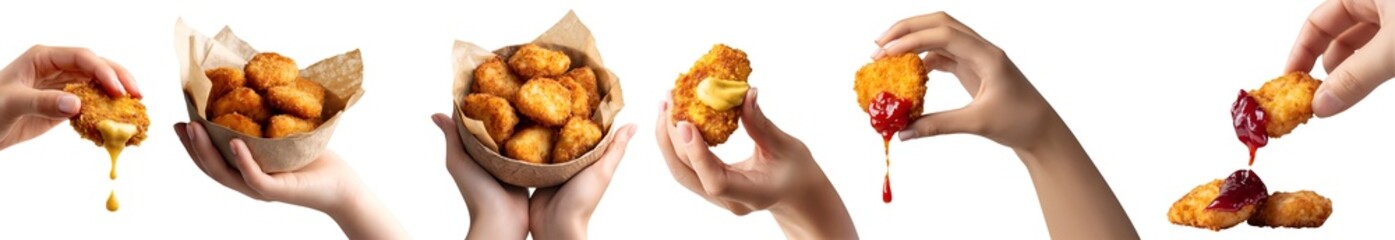 Set of hand holding Golden brown Chicken nuggets, breaded battered deep-fried, takeaway craft bowl, stack pile, with mustard ketchup sauce dip, transparent cutout PNG. Many different style. Mockup 	
