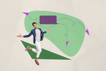 Creative sketch artwork pop collage of happy girl guy stand bubble communication icon paper plane networking message speech