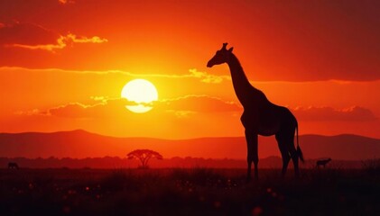 Silhouetted giraffe against fiery sunset savanna, photo, wild, horizon