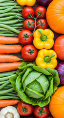 Overhead shot of fresh vegetables in rows: carrots, green beans, lettuce, tomatoes, bell peppers, pumpkins, and onion, representing healthy eating, farm produce, and vibrant natural colors