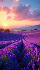 Soft pastel sunset hues paint lavender fields of Valensole plateau , rural, destination, scene