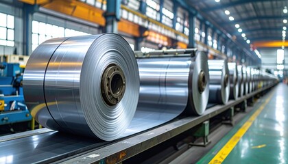Metal Coils on Conveyor Belt in Factory