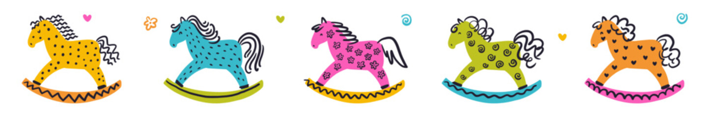 Vector horizontal collection of children's rocking horse toys, hand drawn in doodle style
