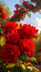 Lush cluster of vibrant red roses in a garden setting
