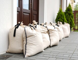 Beige sacks lined up outside a house
