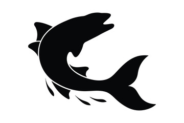 Black Silhouette of a Jumping Fish with Water Splashes on White Background animal