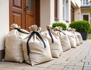 Beige sacks lined up at a house entrance