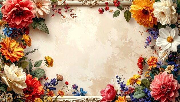 Marco decorativo para foto, con dise&ntilde;o art&iacute;stico y detallado. Cada esquina representa una estaci&oacute;n del a&ntilde;o con flores caracter&iacute;sticas: El marco elegante, con fondo neutro y centro vac&iacute;o