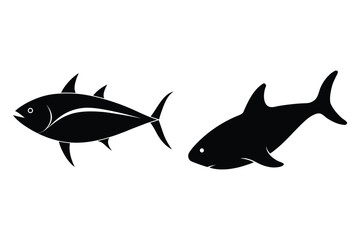Obraz premium Black Silhouette of Tuna and Shark on White Background fish icon