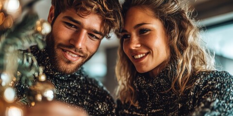 A joyful couple decorates a Christmas tree, sharing smiles and festive spirit while wearing cozy sweaters in a warm indoor setting.