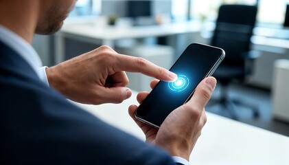 Man Touching Smartphone with Glowing Blue Circle in Bright Office