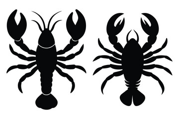 Two Black Lobster Silhouettes Facing Each Other on White Background Keywords: lobster, crayfish