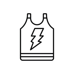 A minimalist line drawing depicts a sleeveless tank top with a lightning bolt design and striped hem
