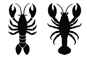 Two Black Lobster Silhouettes Facing Forward on White Background crustacean seafood