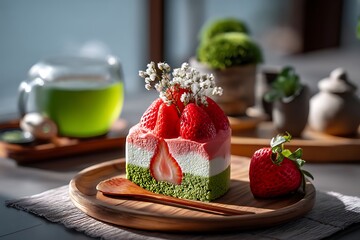 Savoring fresh strawberry cheesecake and green tea in a serene setting, with natural light highlighting the refreshing treat experience.