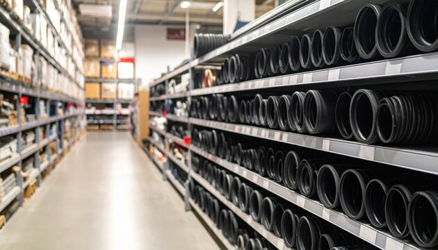 Retail store aisle with shelves of plumbing pipes