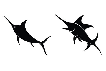 Fototapeta premium Two Black Marlin Silhouettes with Long Beaks on White Background swordfish