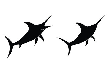 Two Black Marlin Silhouettes with Open Mouths on White Background swordfish