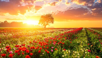 Colorful sunset over a field of flowers