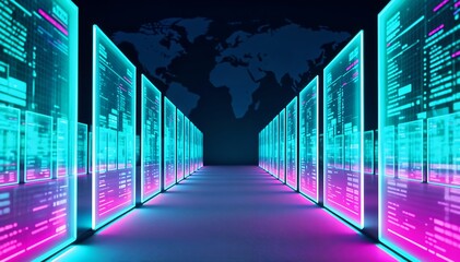 Data Server Room with Digital Information and World Map