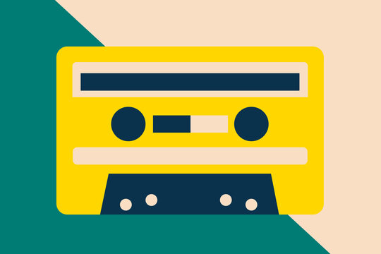 Bauhaus style yellow cassette tape illustration with retro 80s design