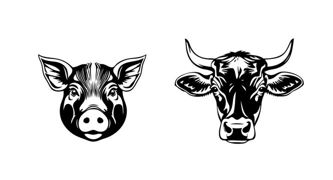 Farm animal illustrations featuring pig and cow heads in a simple and clean design for various uses