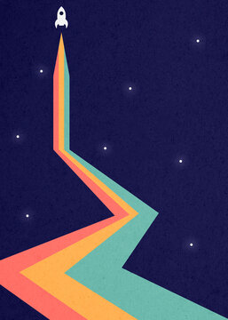 Retro rocket launch illustration with zigzag colorful stream in space
