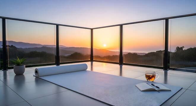 Peaceful sunrise yoga session on a modern balcony overlooking a serene mountain landscape with a refreshing drink and a book for relaxation