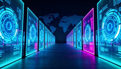 Futuristic Blue Data Servers with World Map in a Dark Hallway