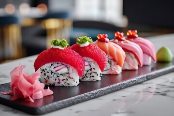 Savoring fresh sushi delicacies in an upscale restaurant setting, captured in close-up for a luxurious culinary art experience.